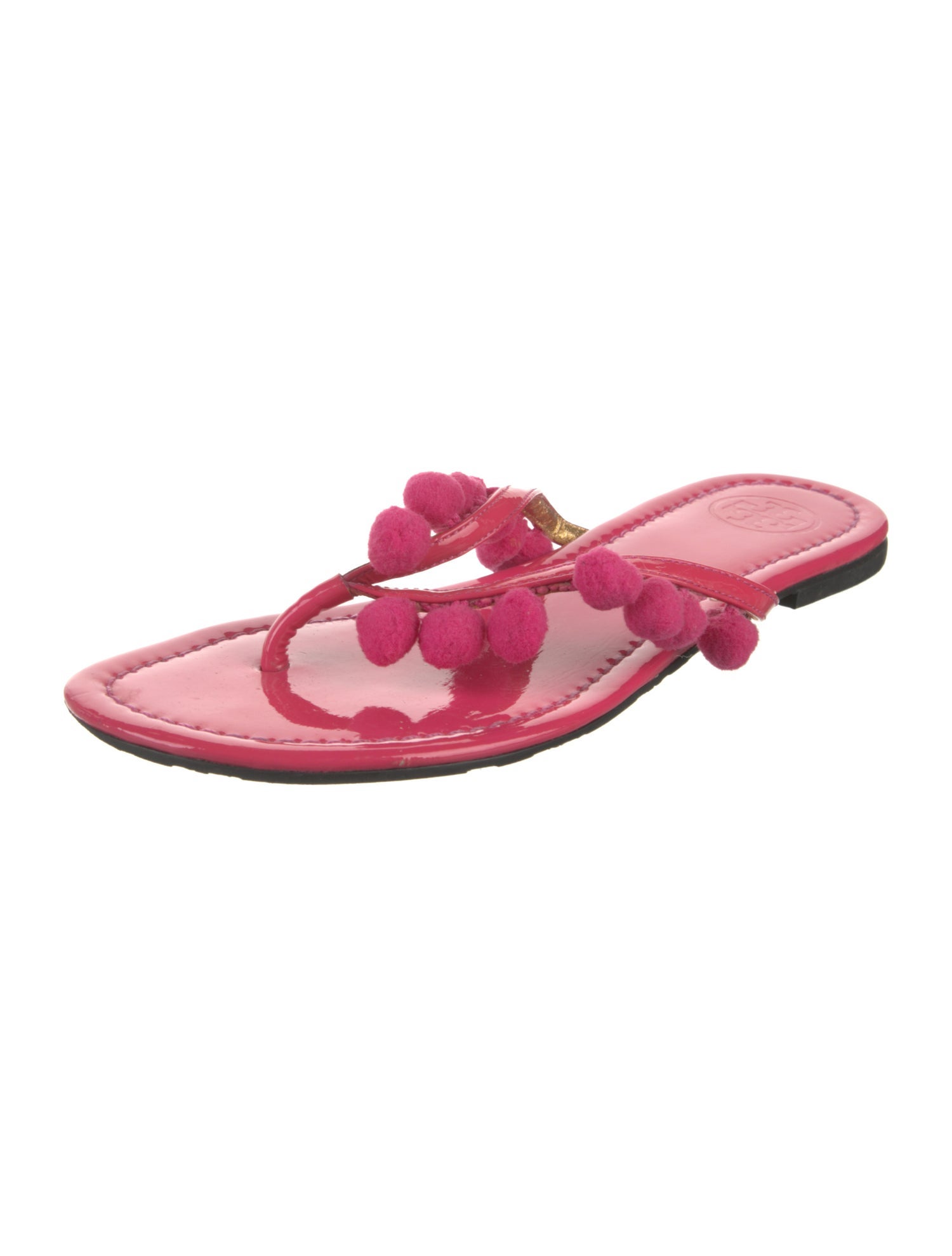Tory Burch Patent Leather Pom-Pom Embellishments Slides