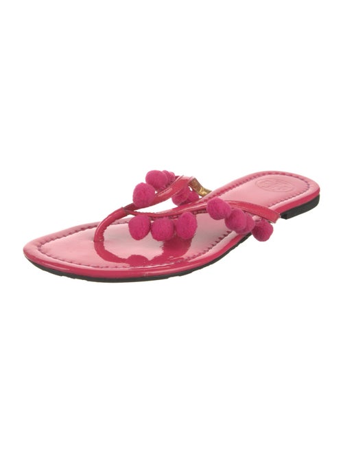 Tory Burch Patent Leather Pom-Pom Embellishments Slides