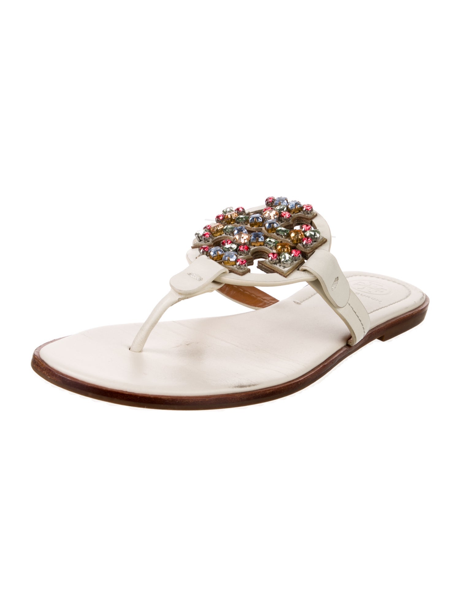 Tory Burch Leather Crystal Embellishments Slides