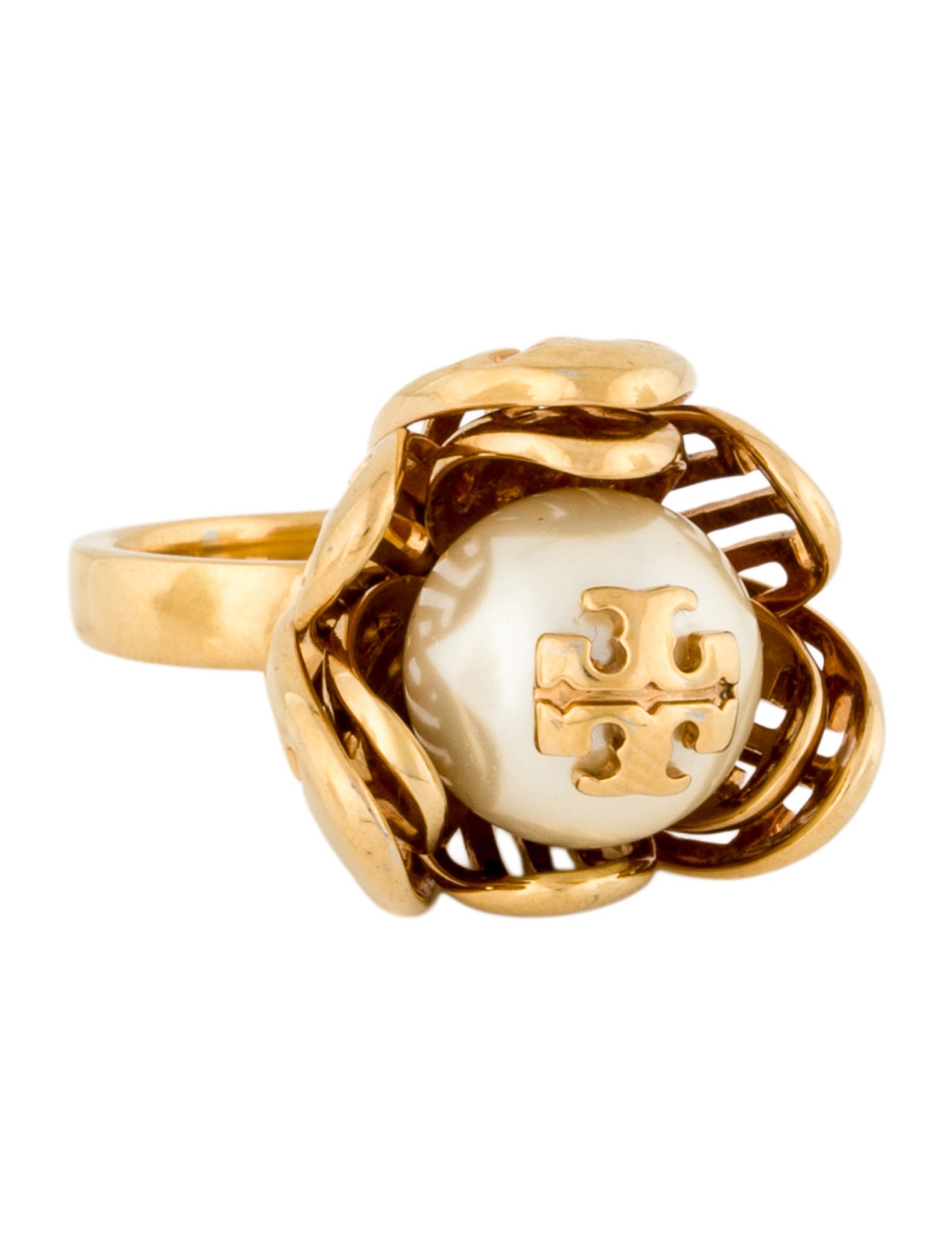 Tory Burch Faux Pearl Logo Flower Cocktail Ring