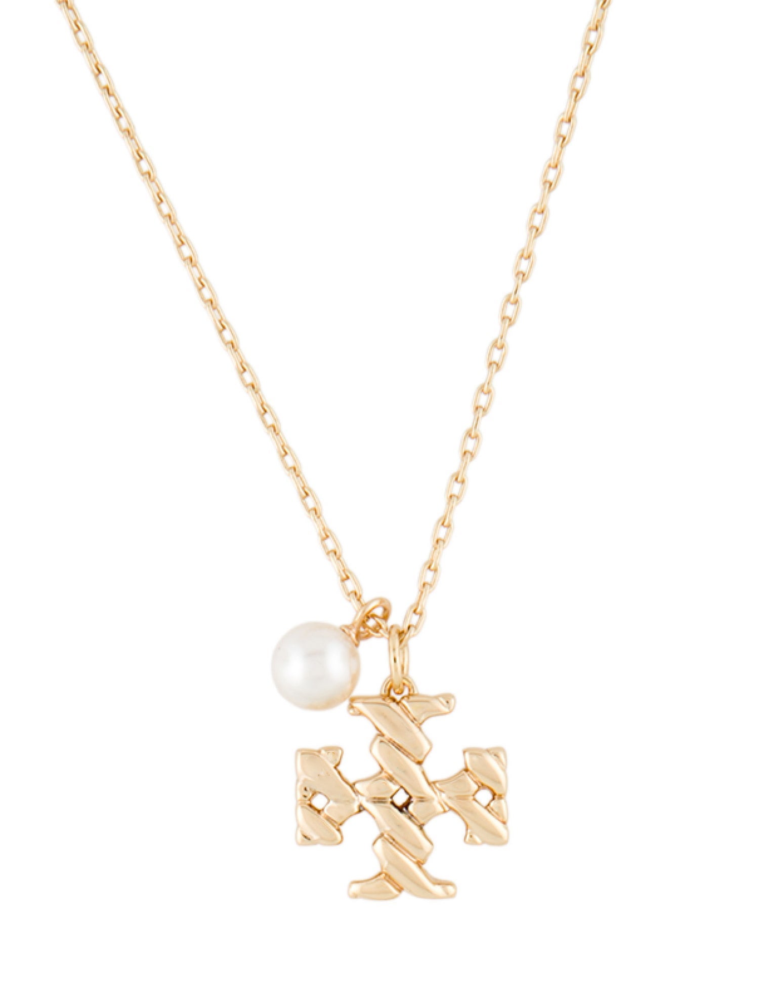 Tory Burch Faux Pearl Textured Rope Logo Pendant Necklace