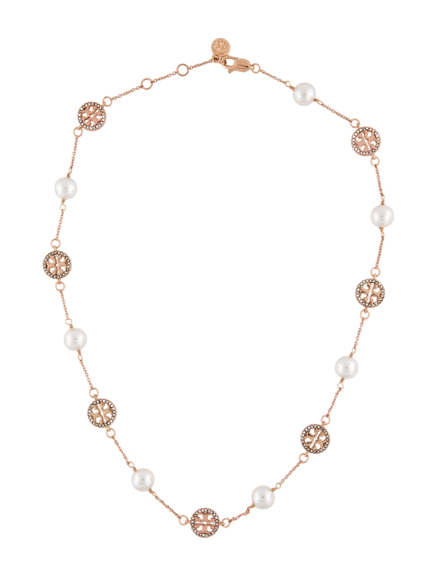 Tory Burch Faux Pearl & Crystal Logo Station Necklace
