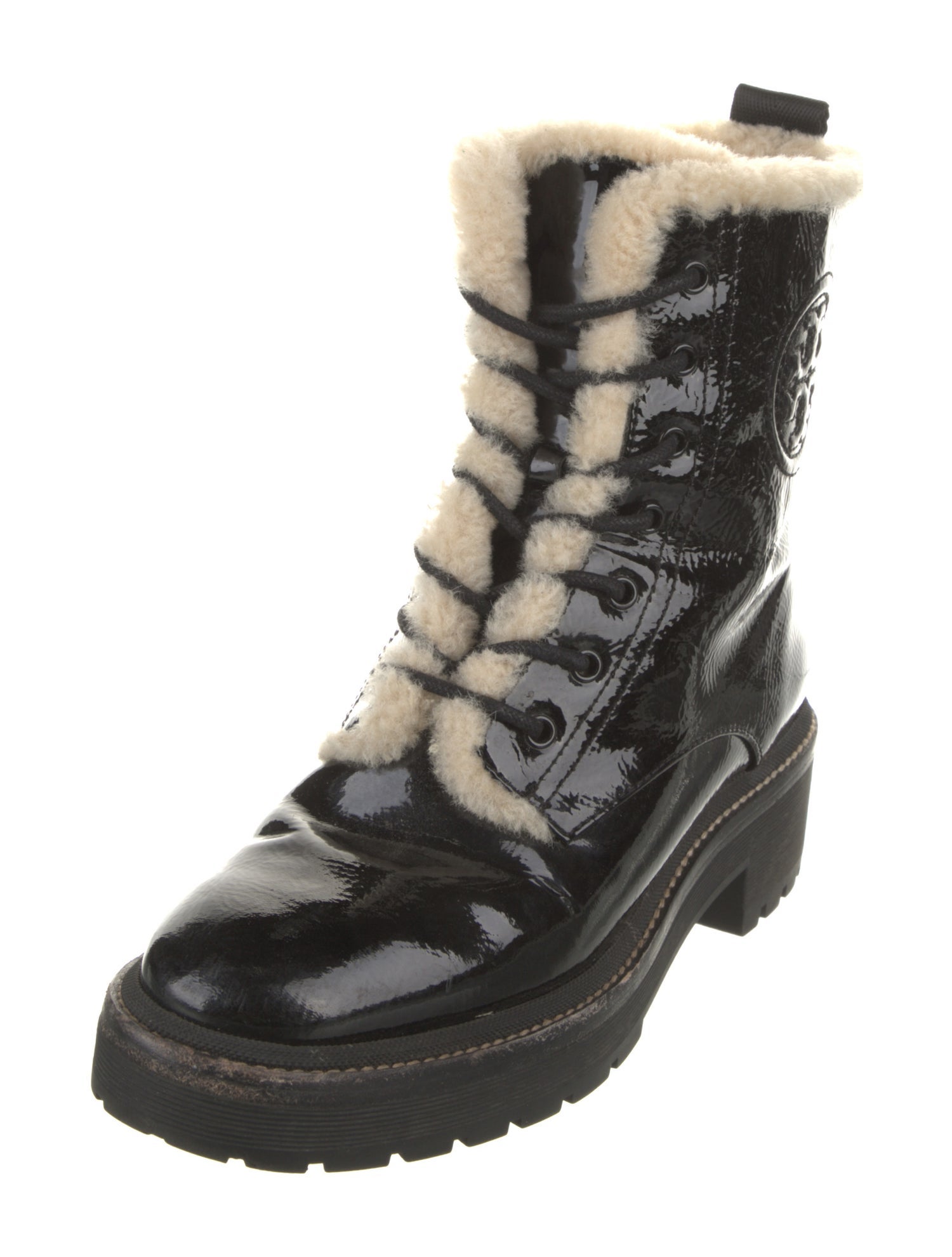 Tory Burch Patent Leather Colorblock Pattern Combat Boots