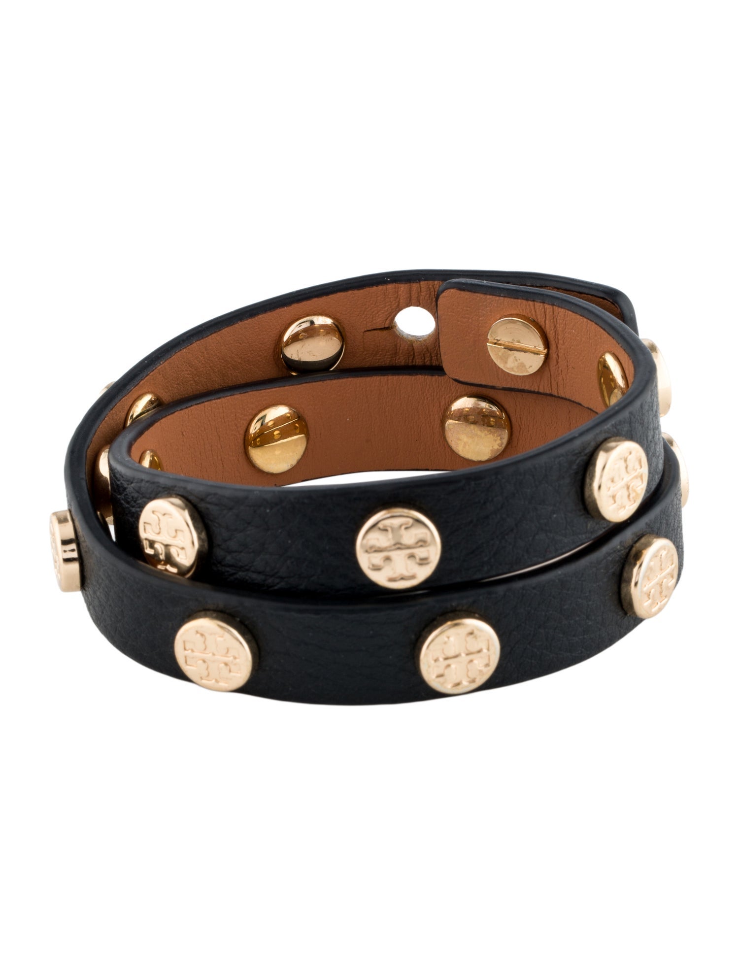 Tory Burch Leather Logo Studded Double Wrap Bracelet