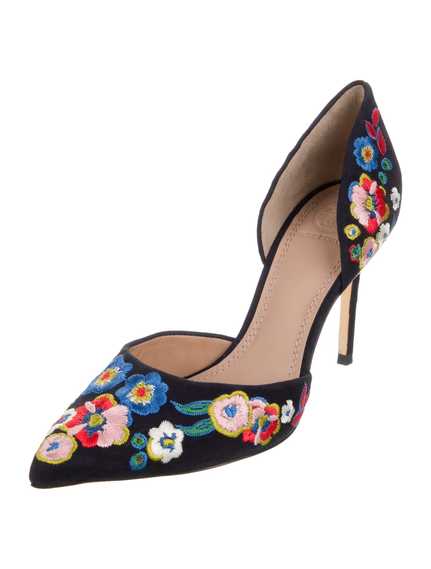 Tory Burch Suede Floral Print D'Orsay Pumps