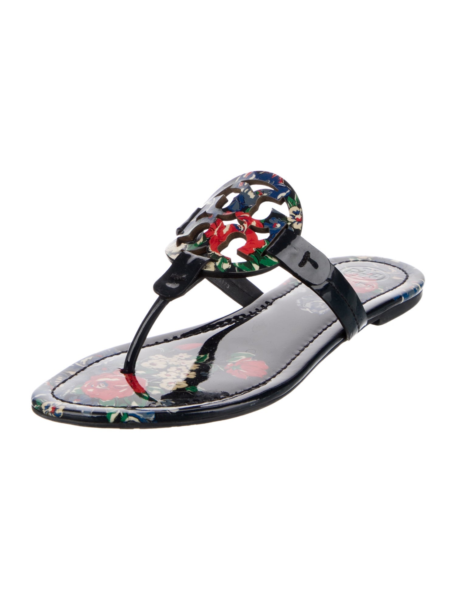 Tory Burch Patent Leather Floral Print T-Strap Sandals
