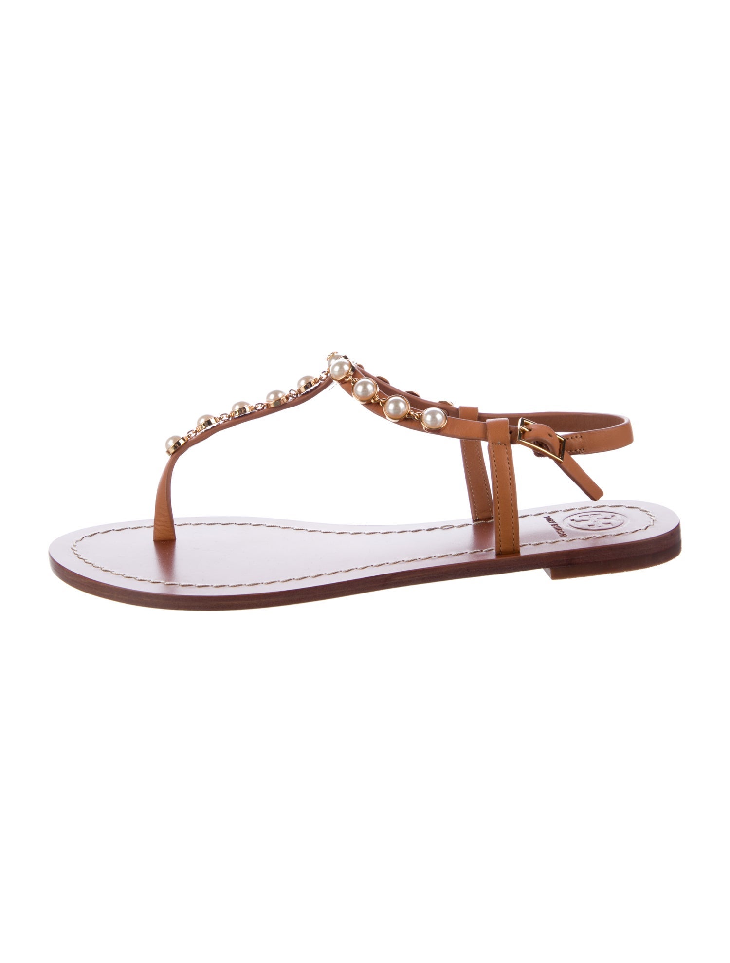 Tory Burch Leather Chain-Link Accents T-Strap Sandals