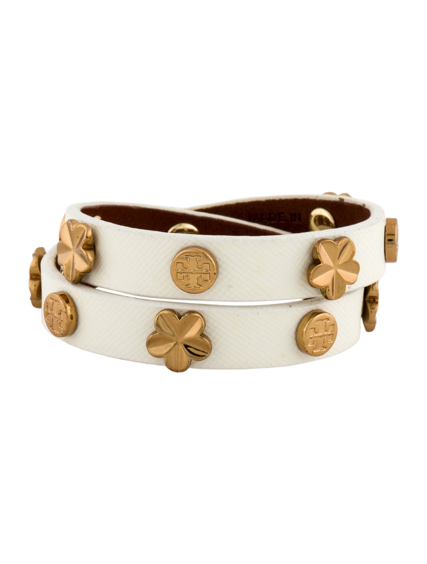 Tory Burch Leather Logo Studded Wrap Bracelet