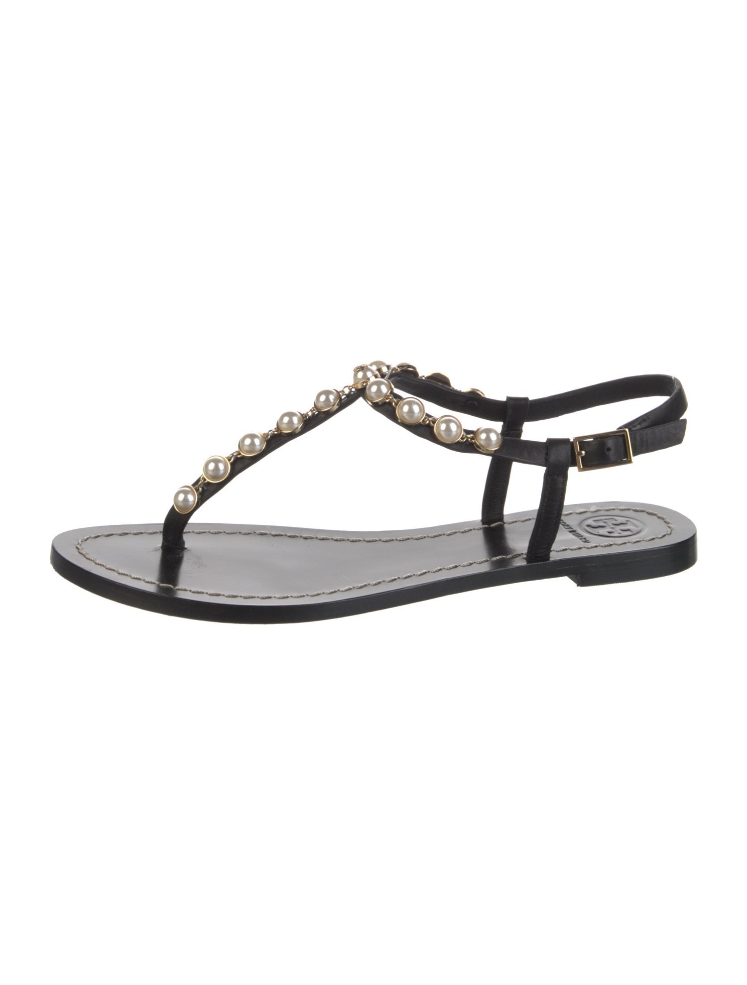 Tory Burch Leather Beaded Accents T-Strap Sandals
