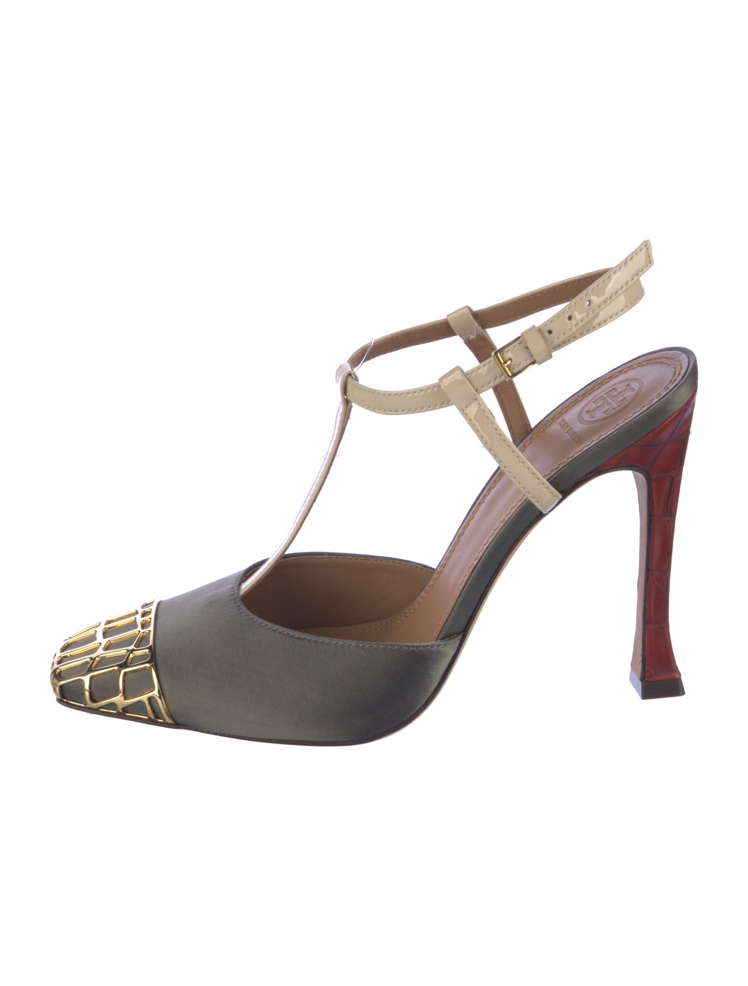 Tory Burch Leather Colorblock Pattern T-Strap Pumps