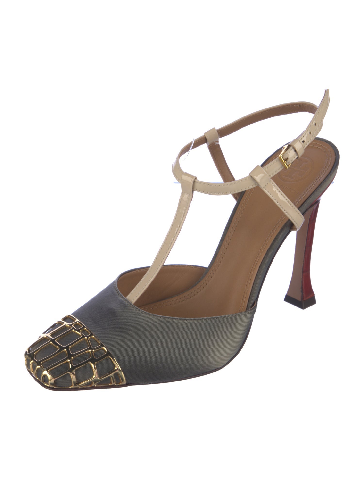 Tory Burch Leather Colorblock Pattern T-Strap Pumps