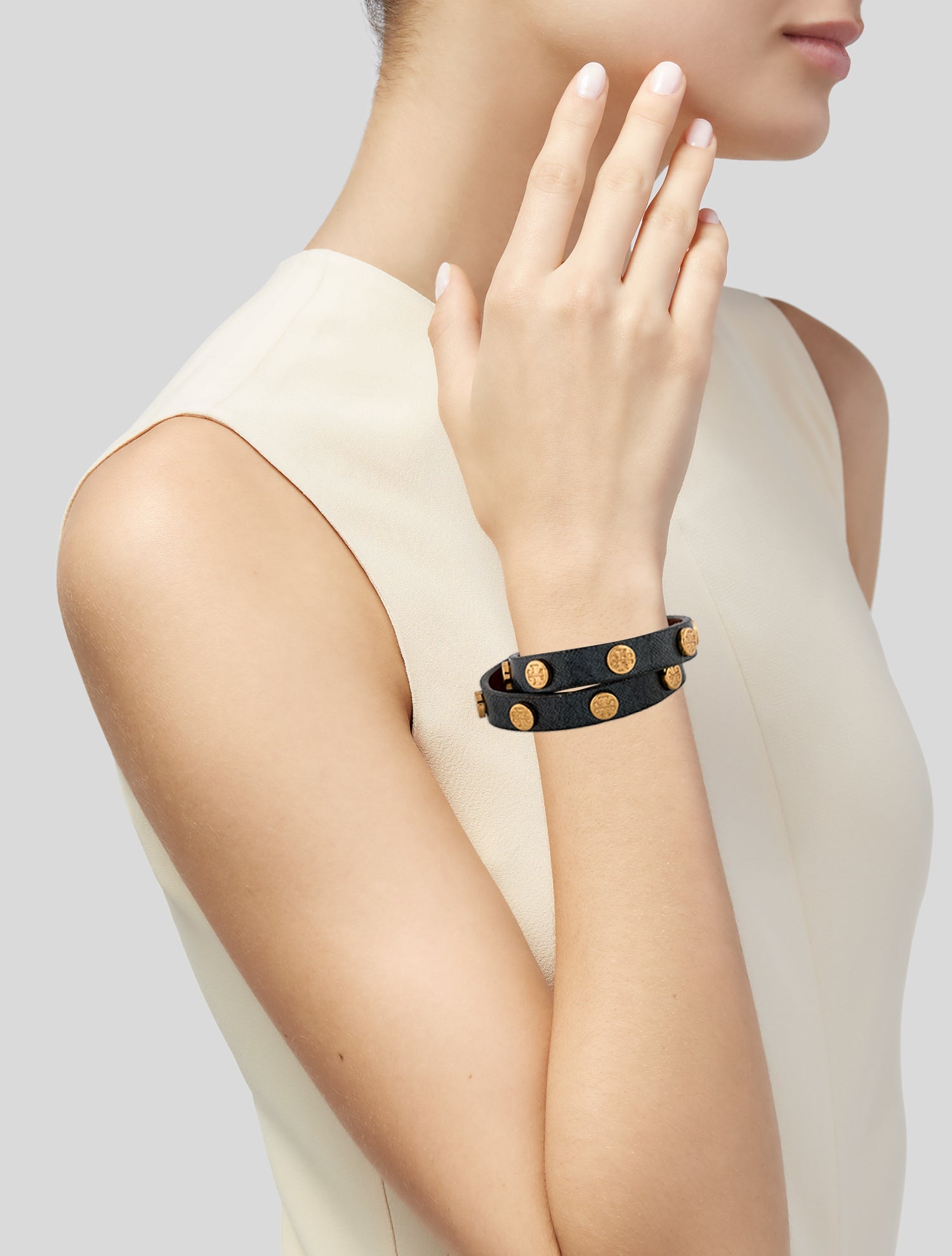 Tory Burch Leather Studded Double Wrap Bracelet