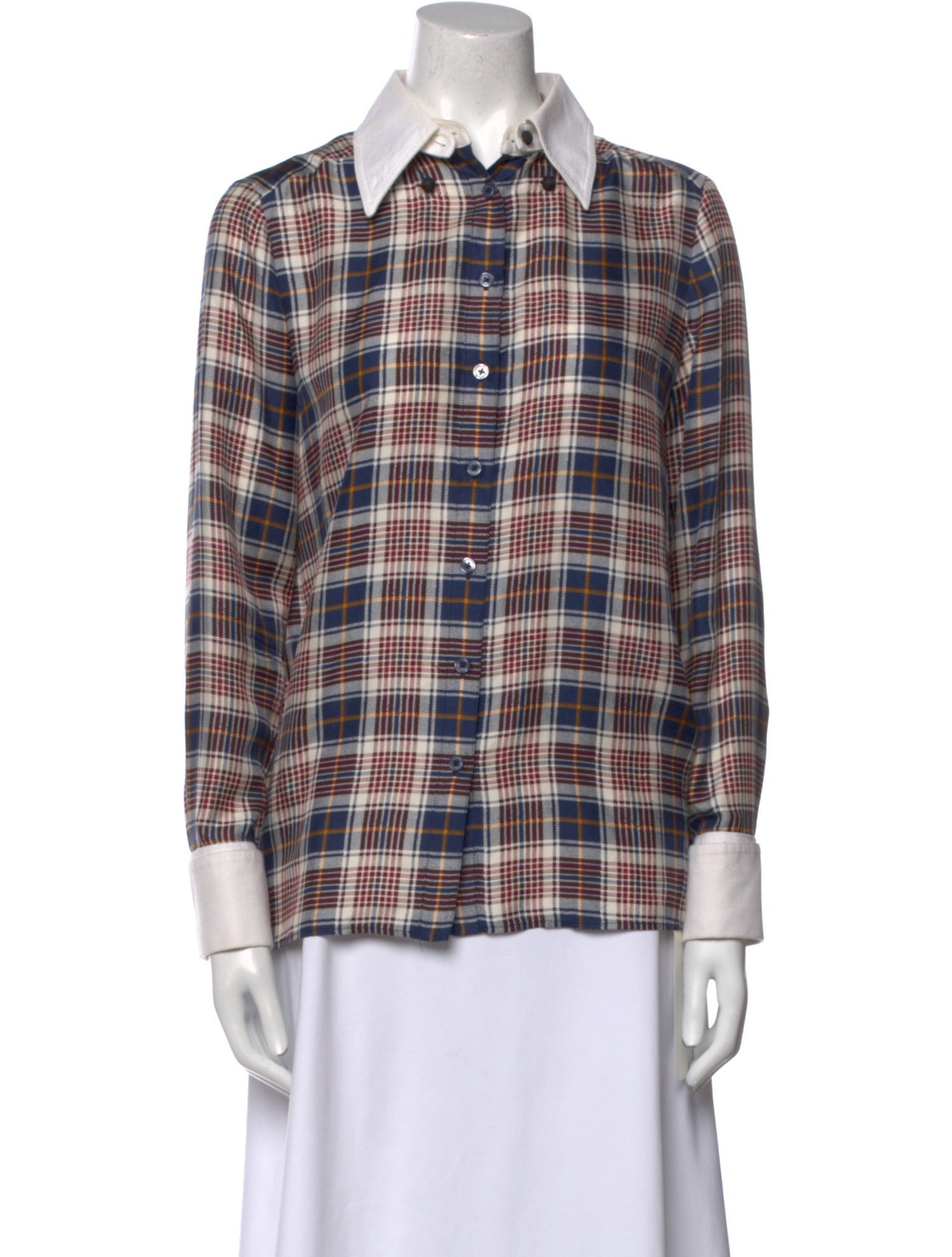 Tory Burch Silk Plaid Print Button-Up Top