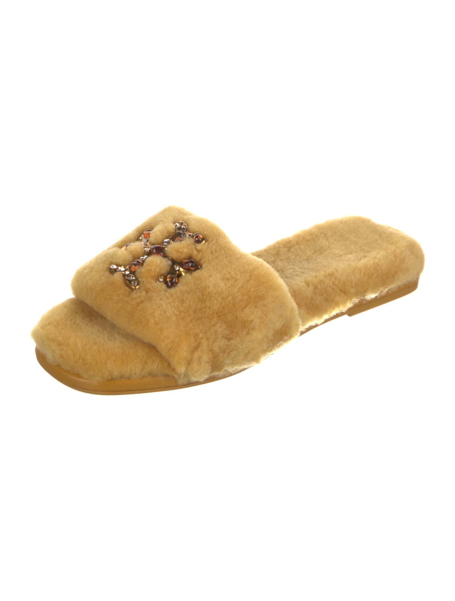 Tory Burch Shearling Crystal Embellishments Slides