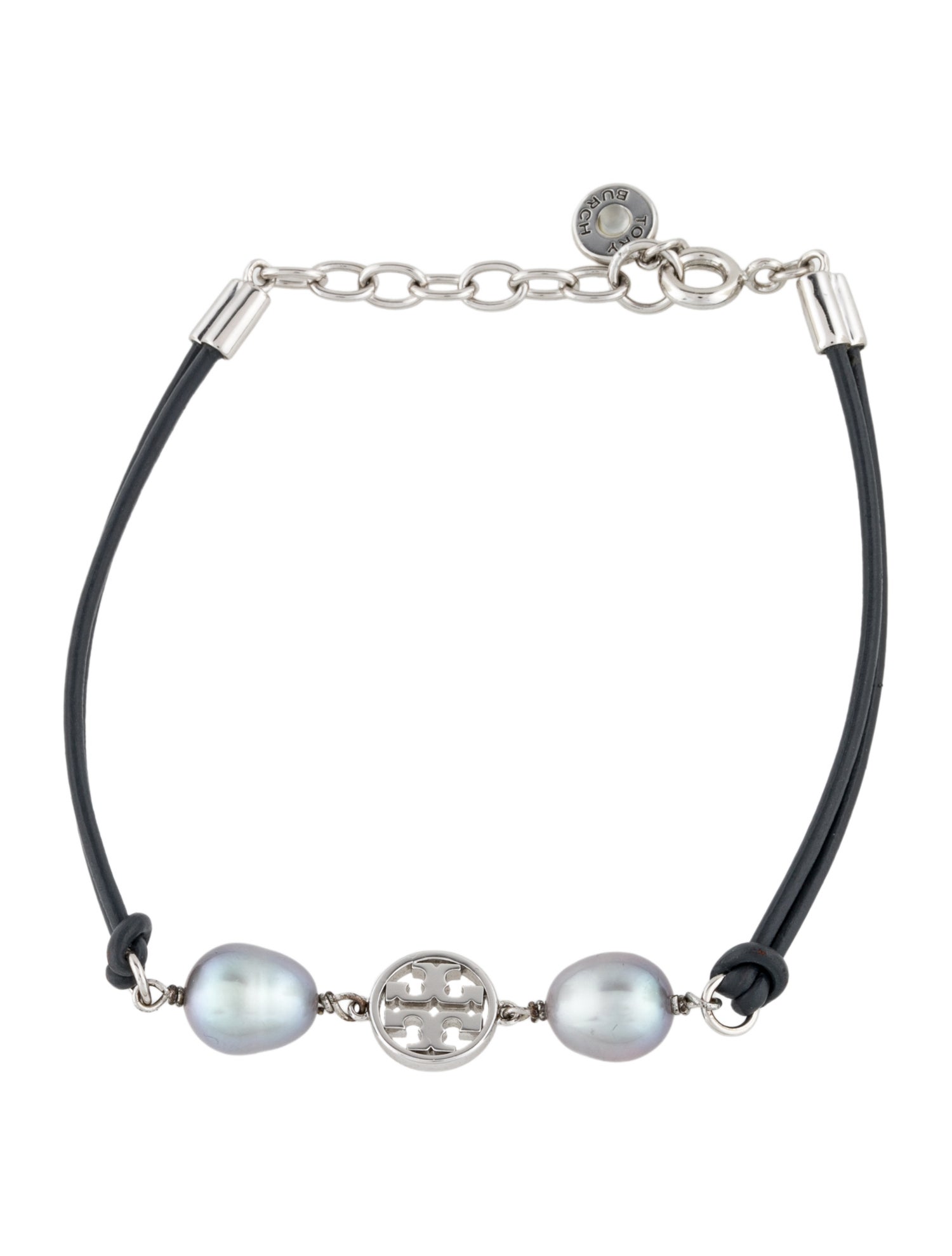 Tory Burch Leather & Pearl Logo Miller Bracelet