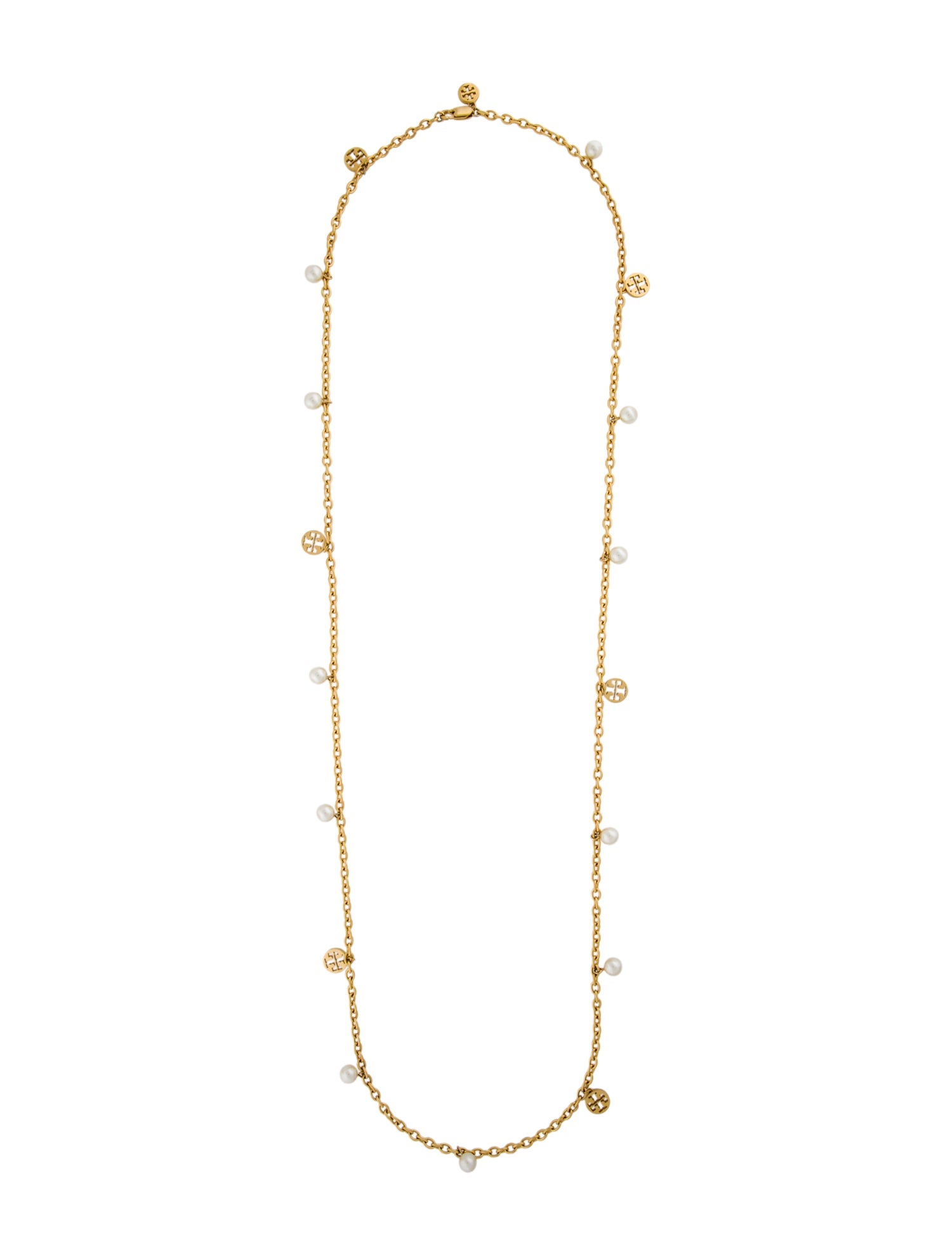 Tory Burch Faux Pearl Logo Charm Station Necklace