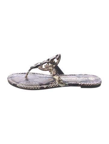 Pre-owned Tory Burch Embossed Leather Animal Print Flip Flops In Brown