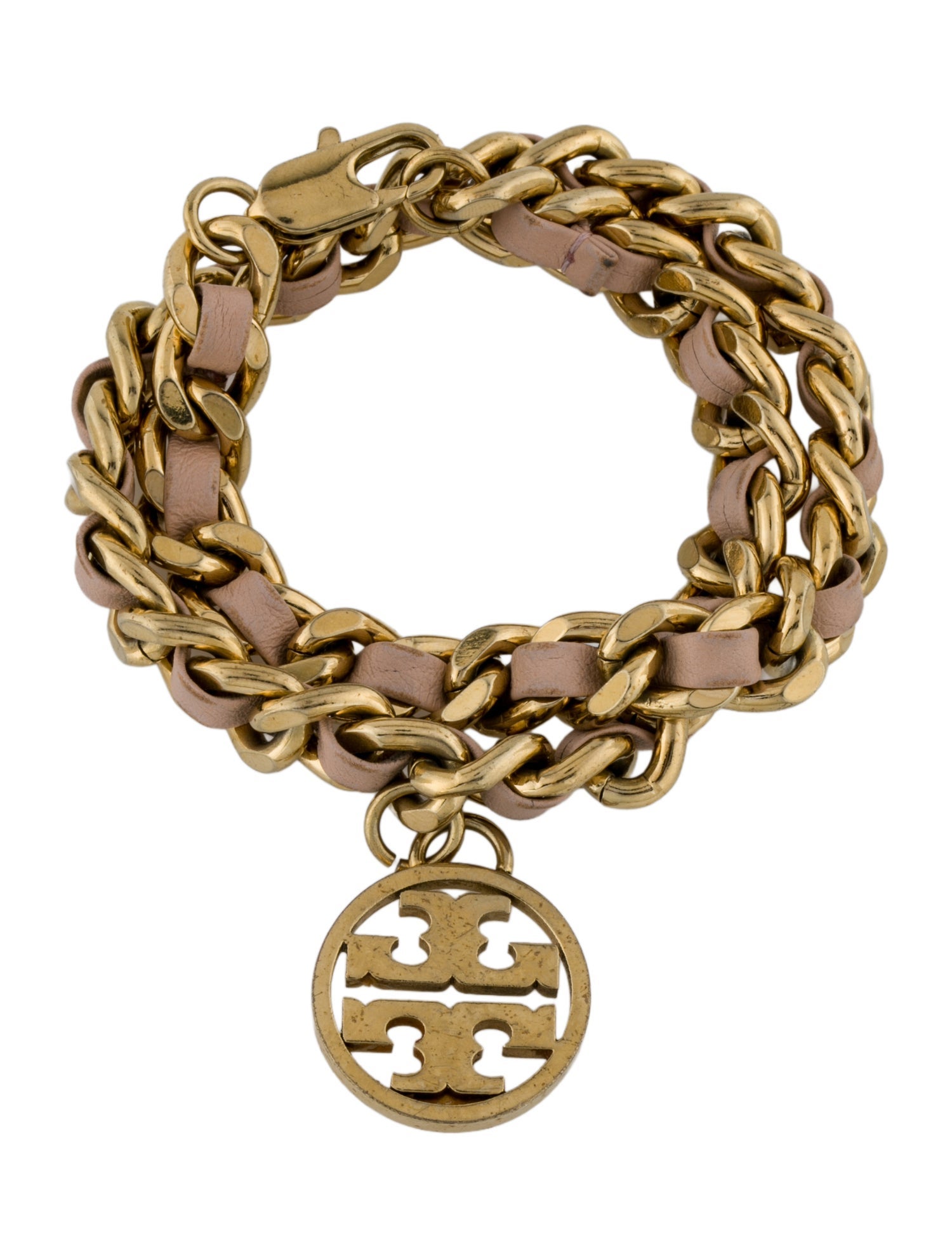 Tory Burch Leather Logo Charm Double Wrap Link Bracelet