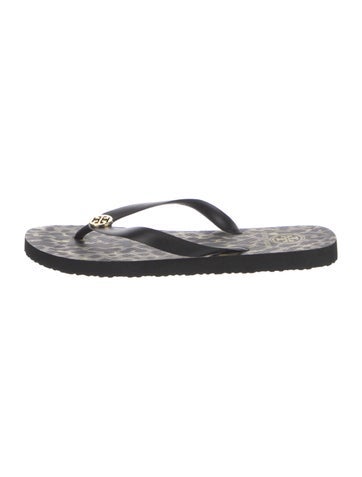 Pre-owned Tory Burch Rubber Animal Print Flip Flops In Black