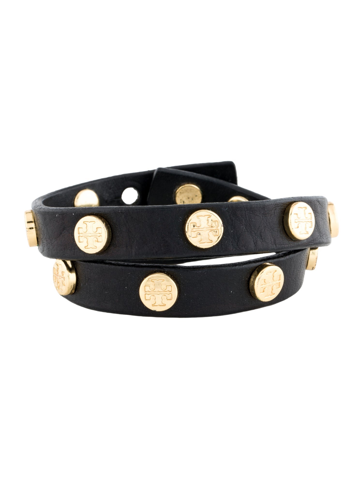 Tory Burch Leather Logo Studded Double Wrap Bracelet