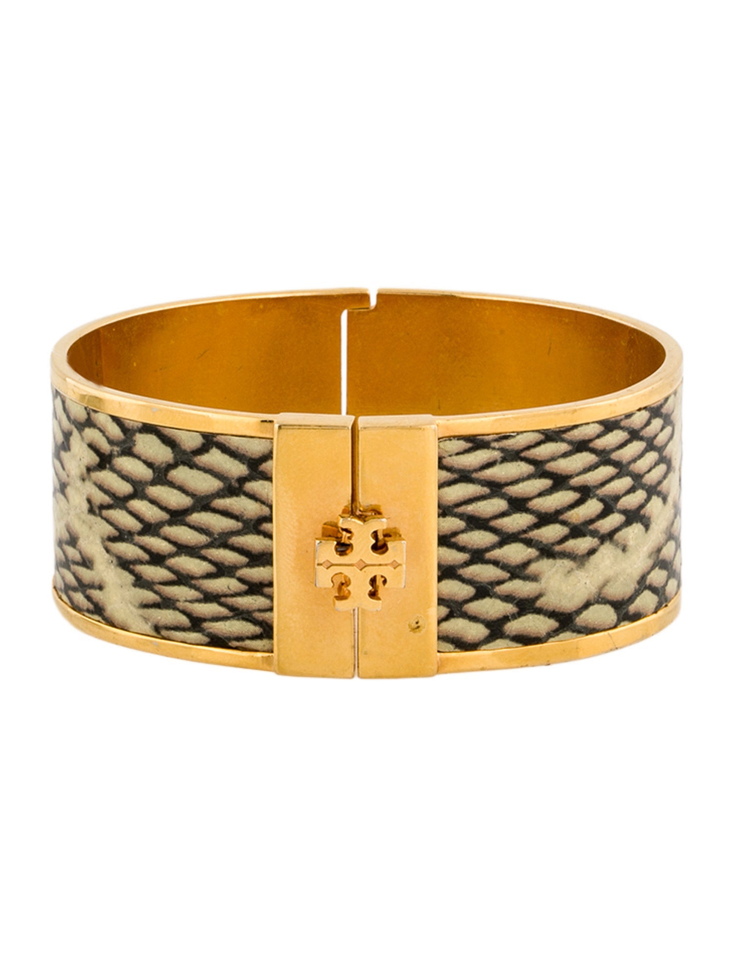 Tory Burch Embossed Leather Inlay Hinged Bangle Bracelet