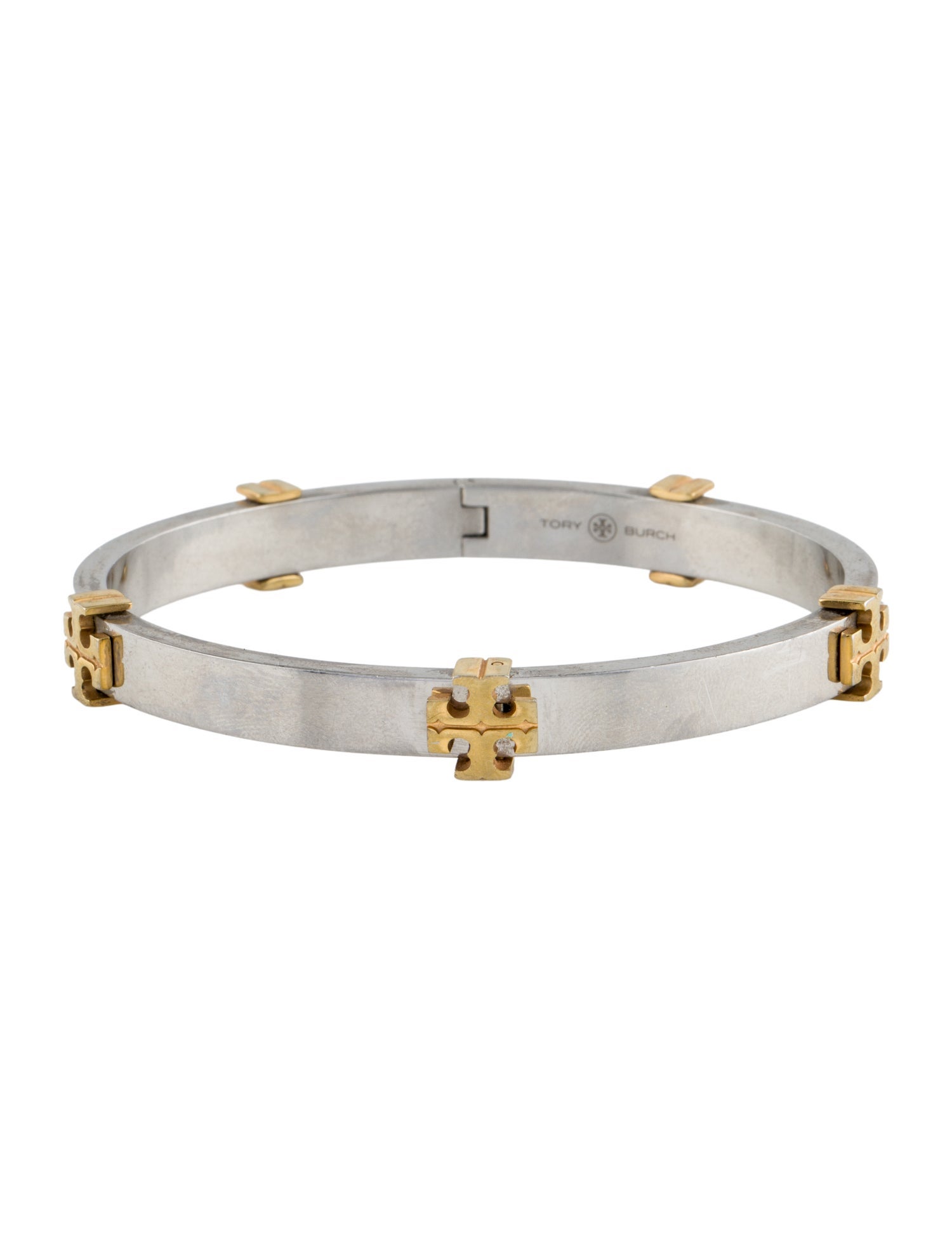 Tory Burch Two-Tone Logo Hinged Bangle Bracelet