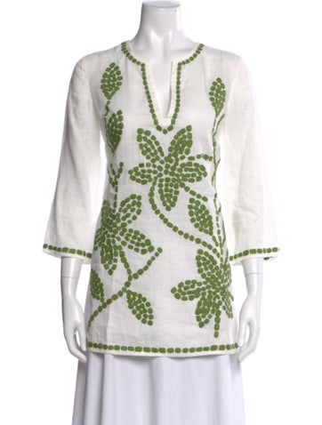 Pre-owned Tory Burch Linen Floral Print Tunic In White