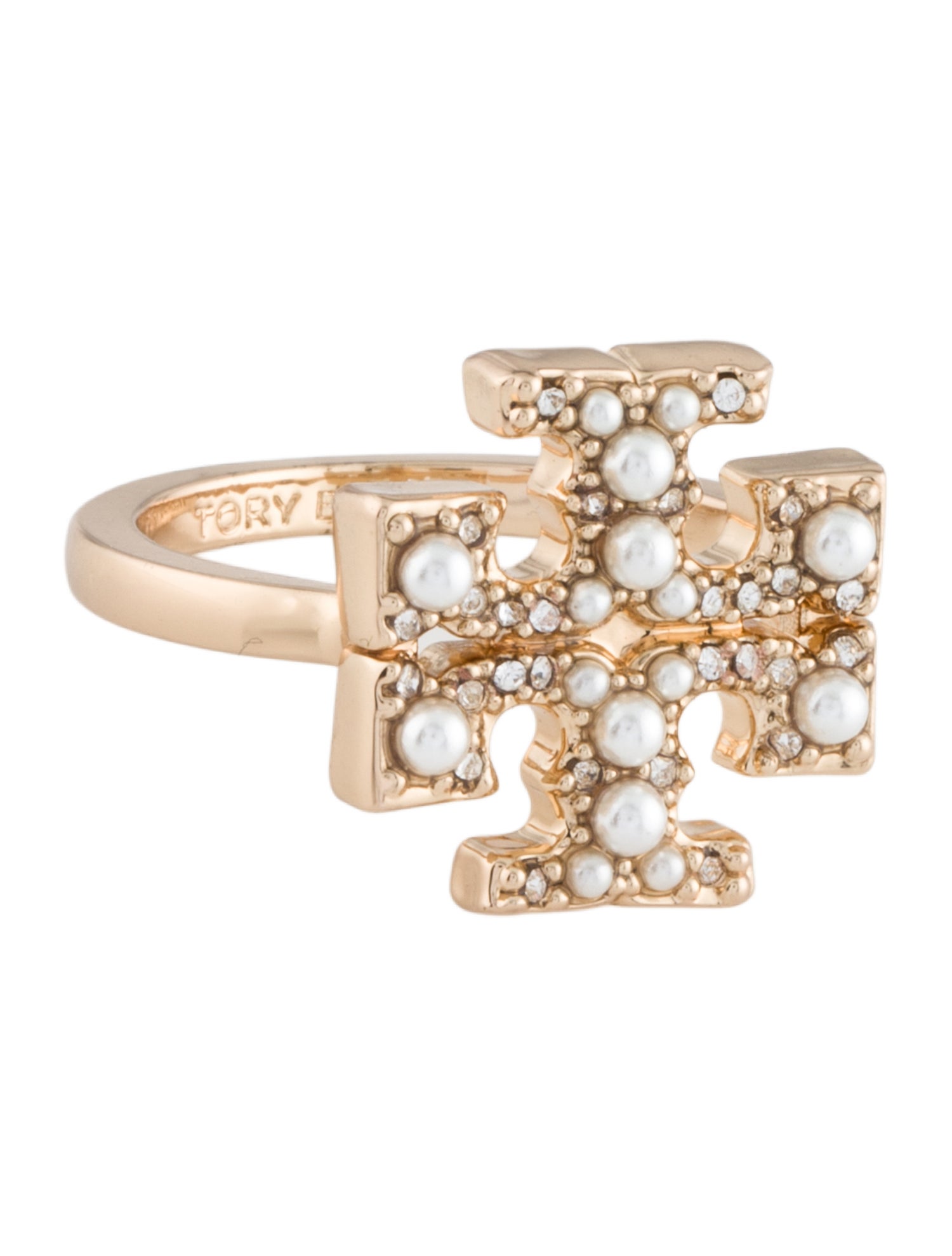 Tory Burch Faux Pearl & Crystal Britten Pleated Cocktail Ring
