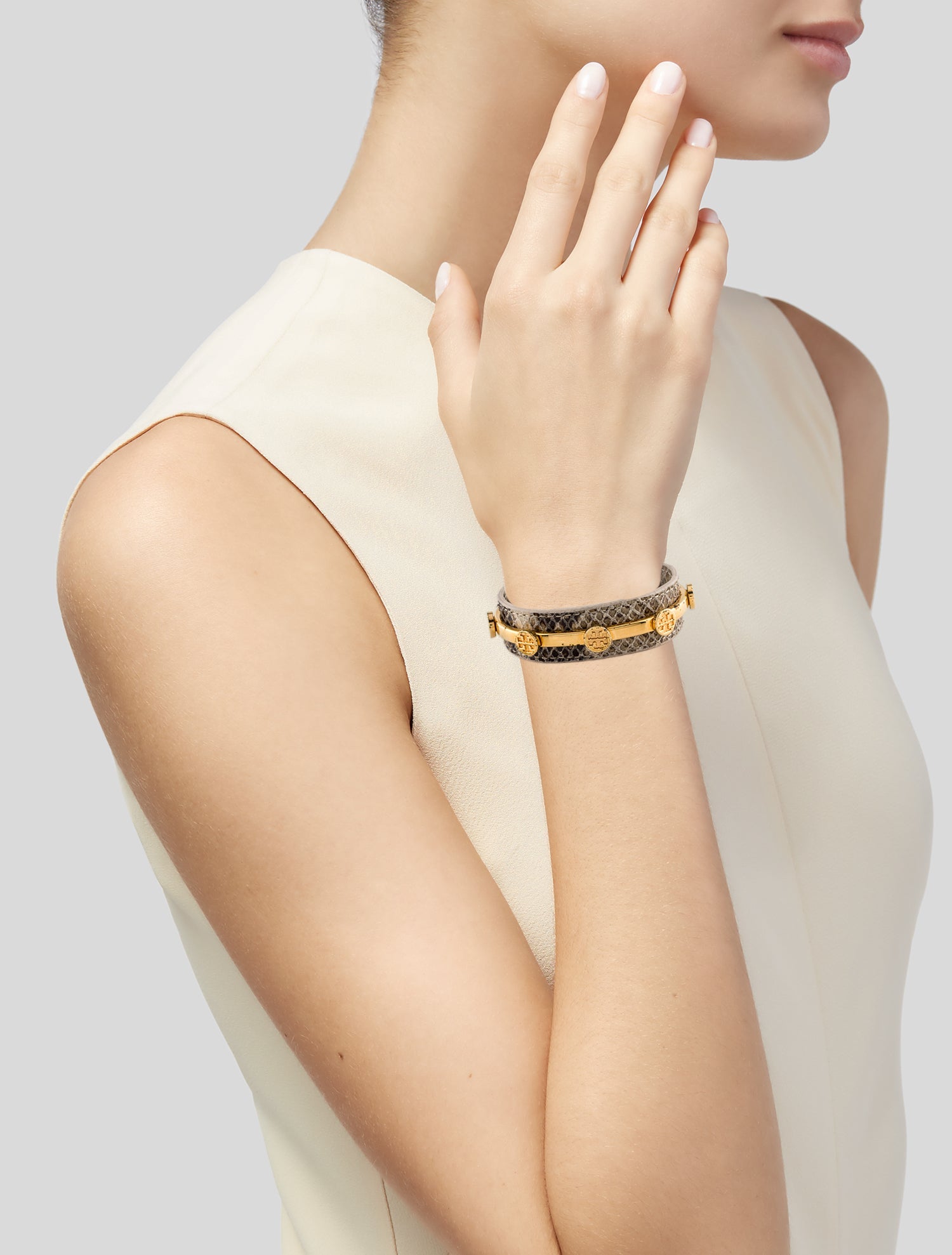 Tory Burch Logo Snakeskin Cuff Bracelet