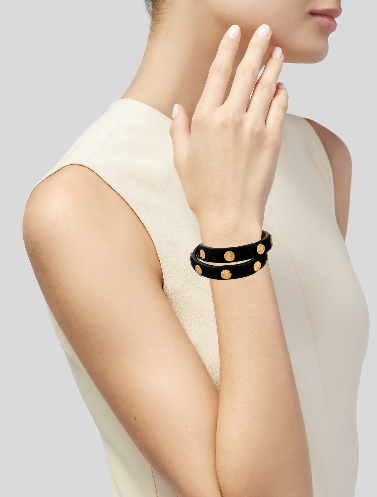 Tory Burch Calf-Hair & Leather Studded Double Wrap Bracelet