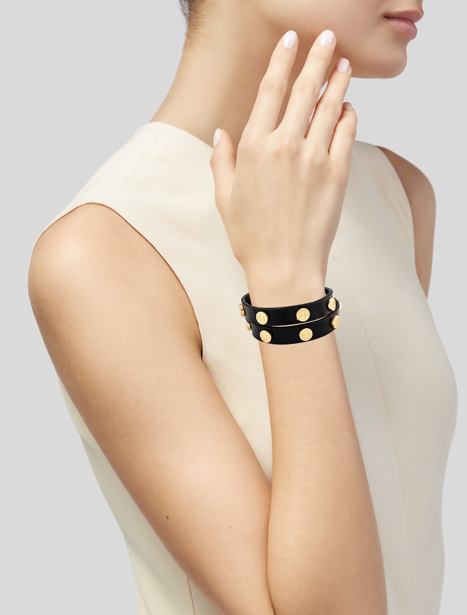 Tory Burch Leather Studded Logo Double Wrap Bracelet