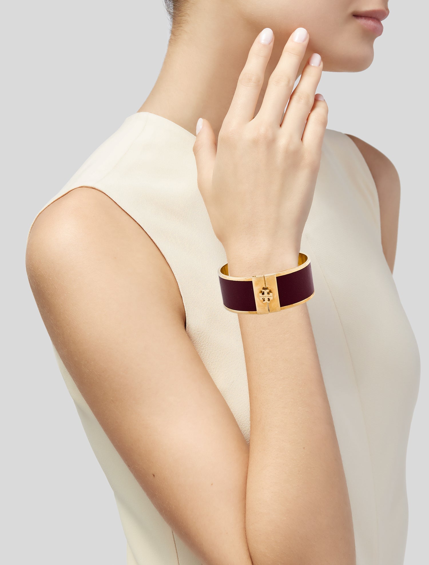 Tory Burch Leather Wide Hinge Bangle Bracelet