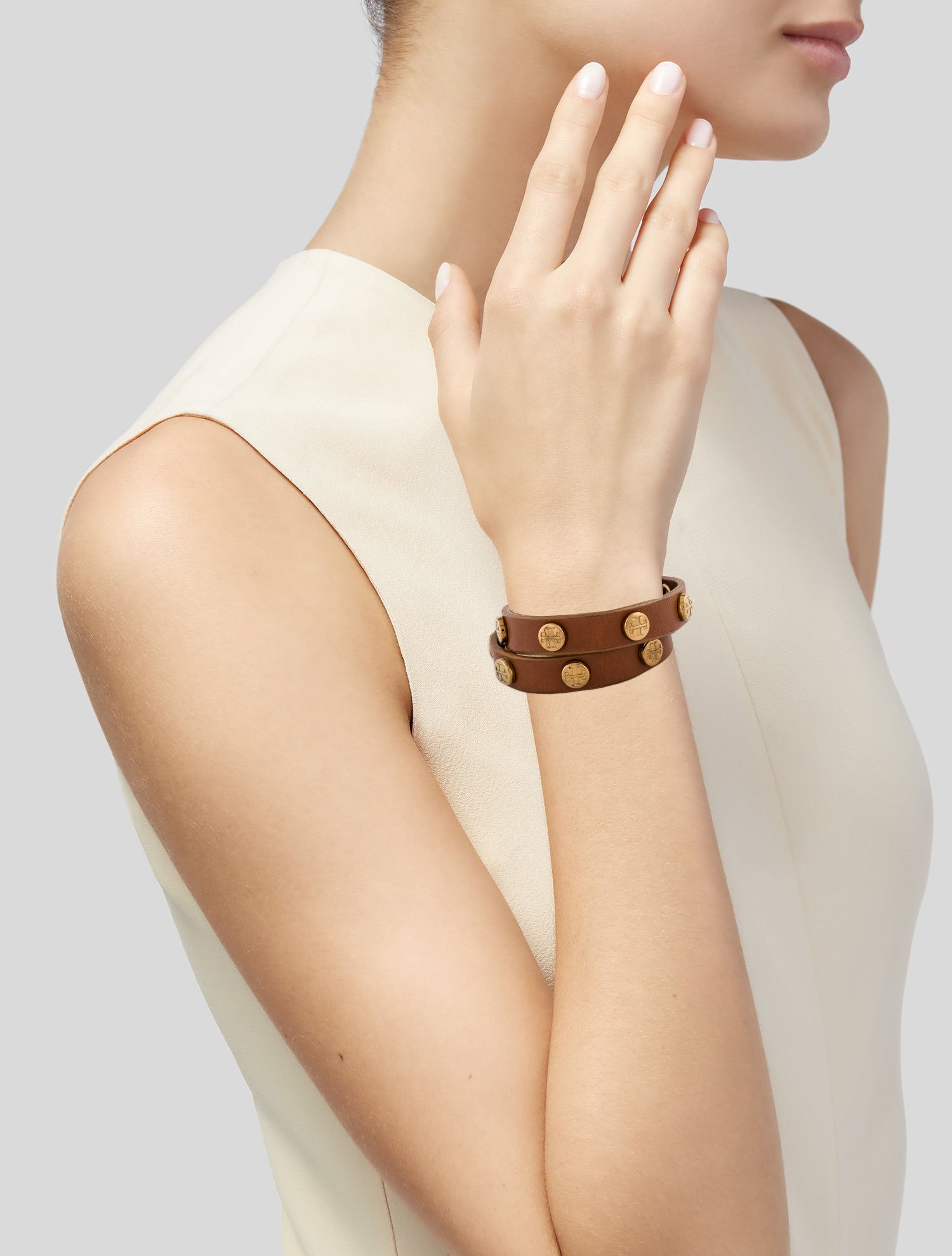 Tory Burch Leather Studded Logo Double Wrap Bracelet
