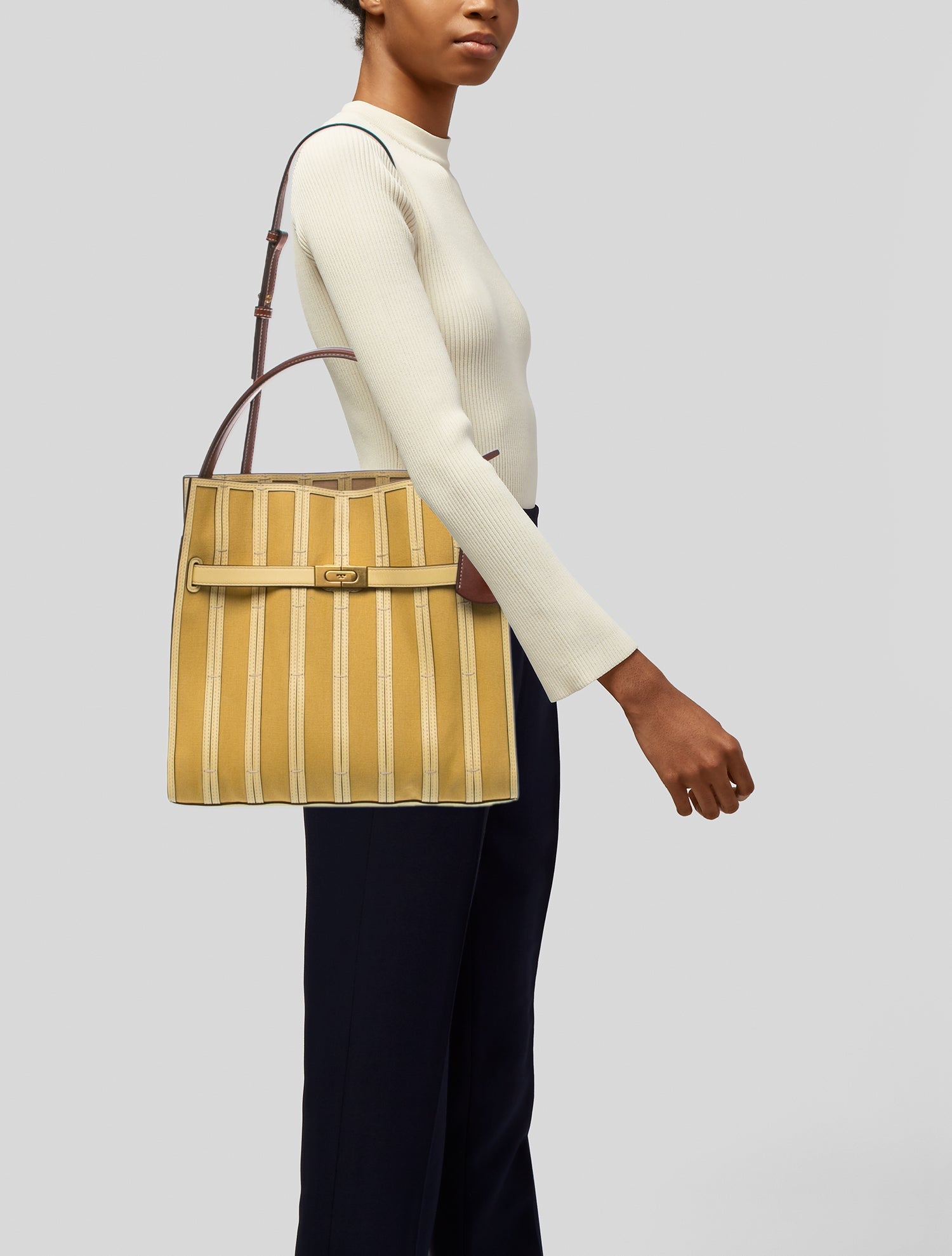 Tory Burch Leather Lee Radziwill Canvas Panel Double Bag Large