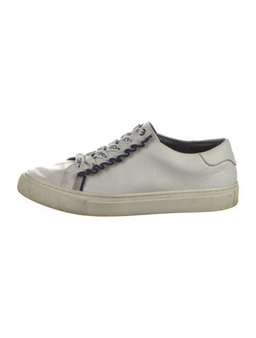 Pre-owned Tory Burch Leather Ruffle Embellishment Sneakers In White