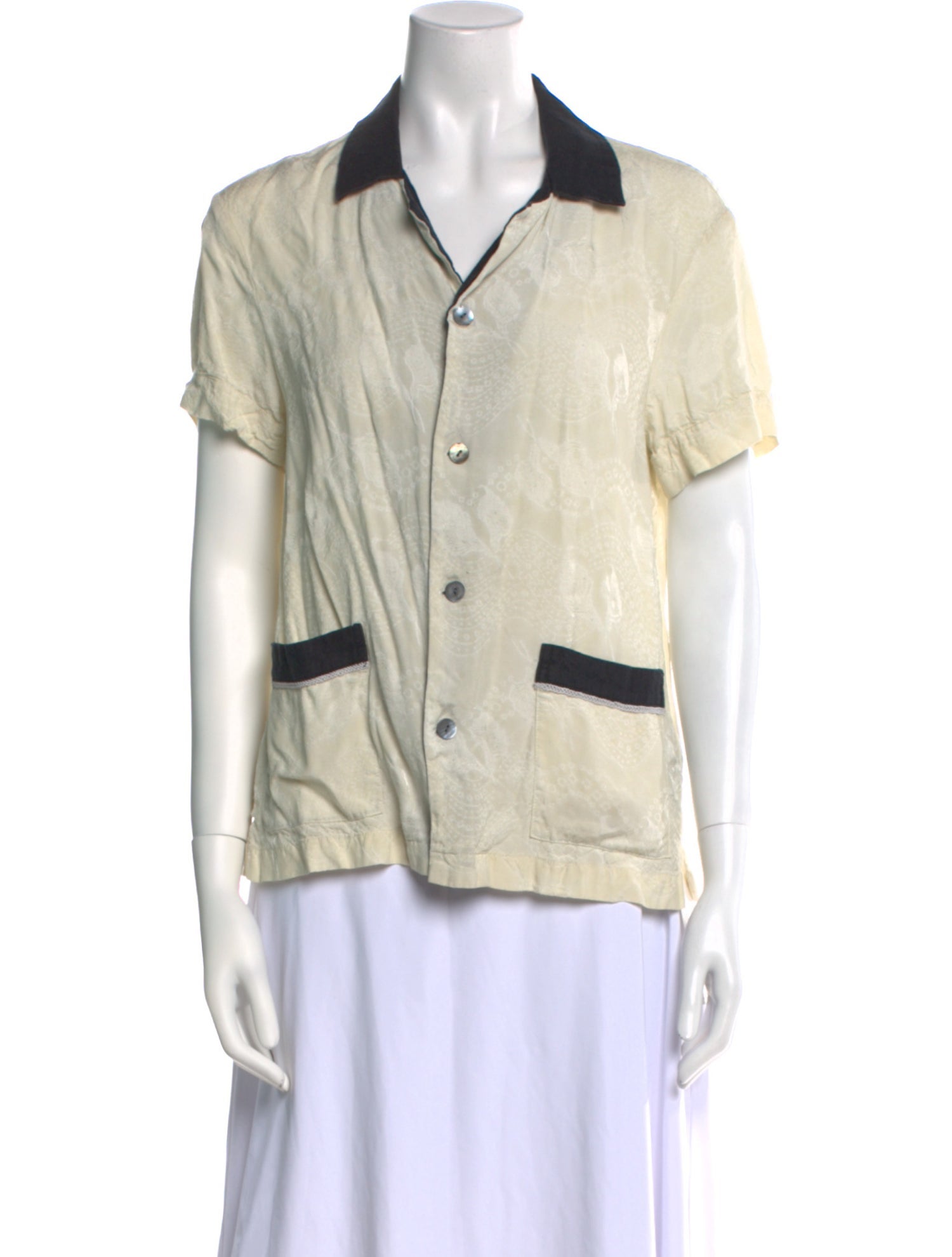 Tombolo Colorblock Pattern Short Sleeve Button-Up Top