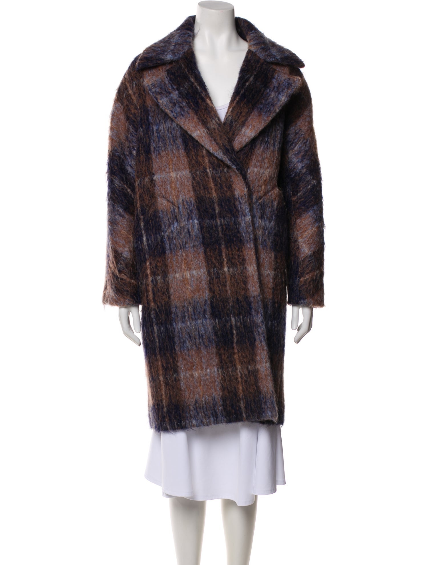 Trina Turk Wool Plaid Print Faux Fur Coat