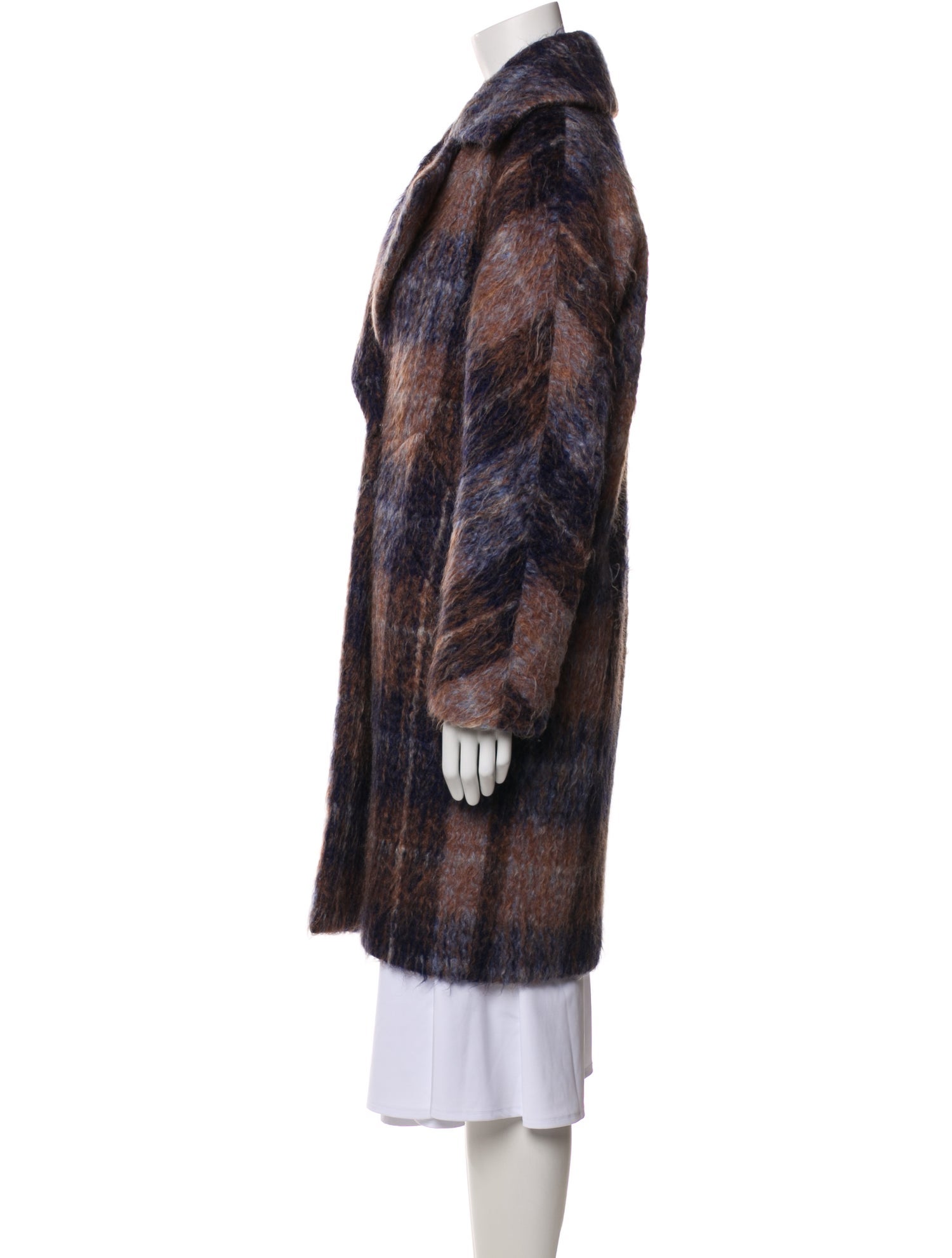 Trina Turk Wool Plaid Print Faux Fur Coat