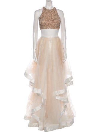 Terani Couture Patterned Mesh Accents Skirt Set