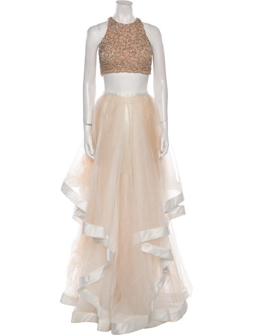 Terani Couture Patterned Mesh Accents Skirt Set