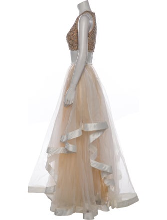 Terani Couture Patterned Mesh Accents Skirt Set