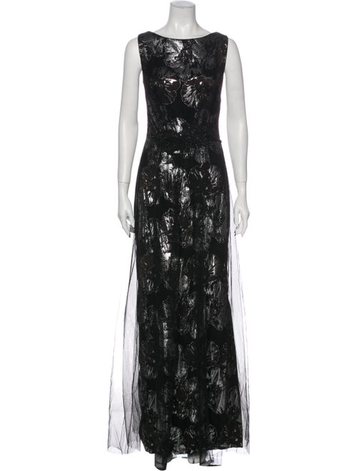 Theia Floral Print Long Dress Black
