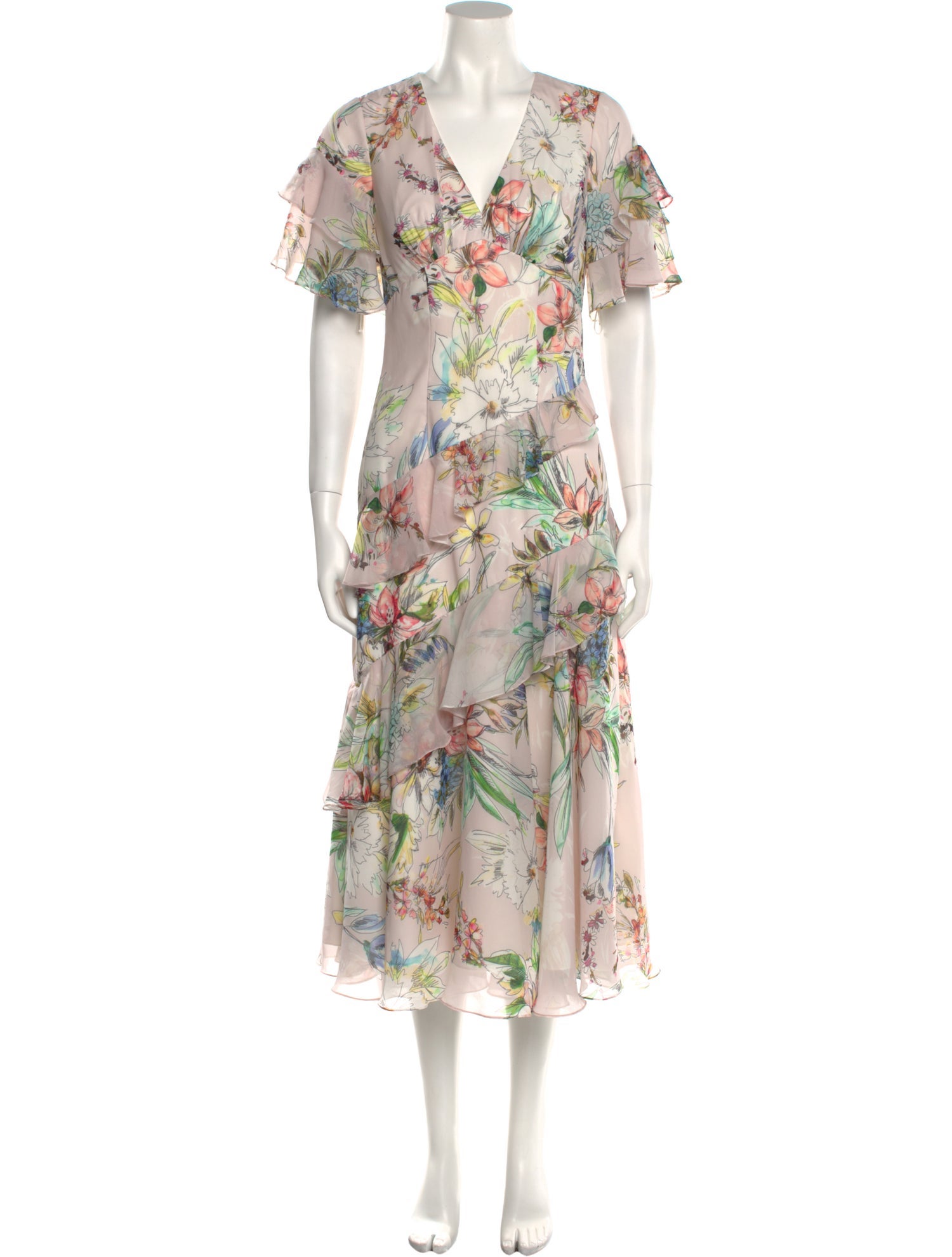 Theia Floral Print Midi Length Dress