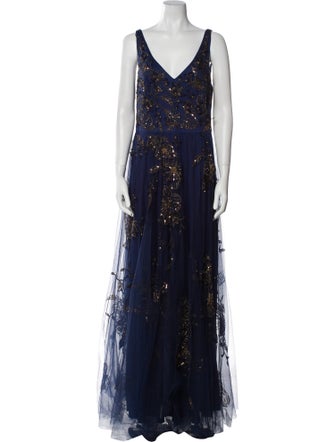 Theia Lace Pattern Long Dress