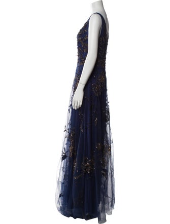 Theia Lace Pattern Long Dress