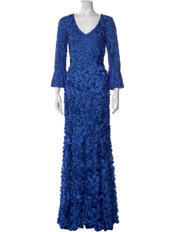 Pre-owned Theia Printed Long Dress In Blue
