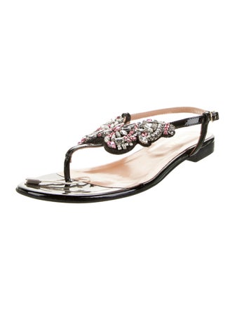 TWINSET Leather Crystal Embellishments T-Strap Sandals