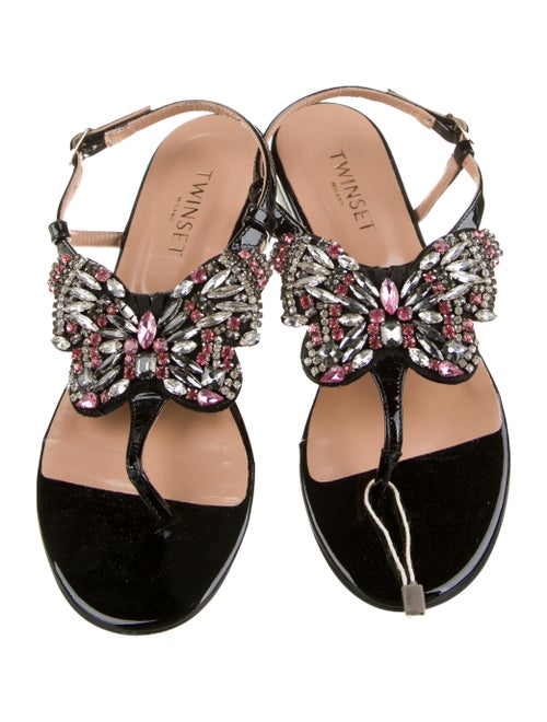 TWINSET Leather Crystal Embellishments T-Strap Sandals