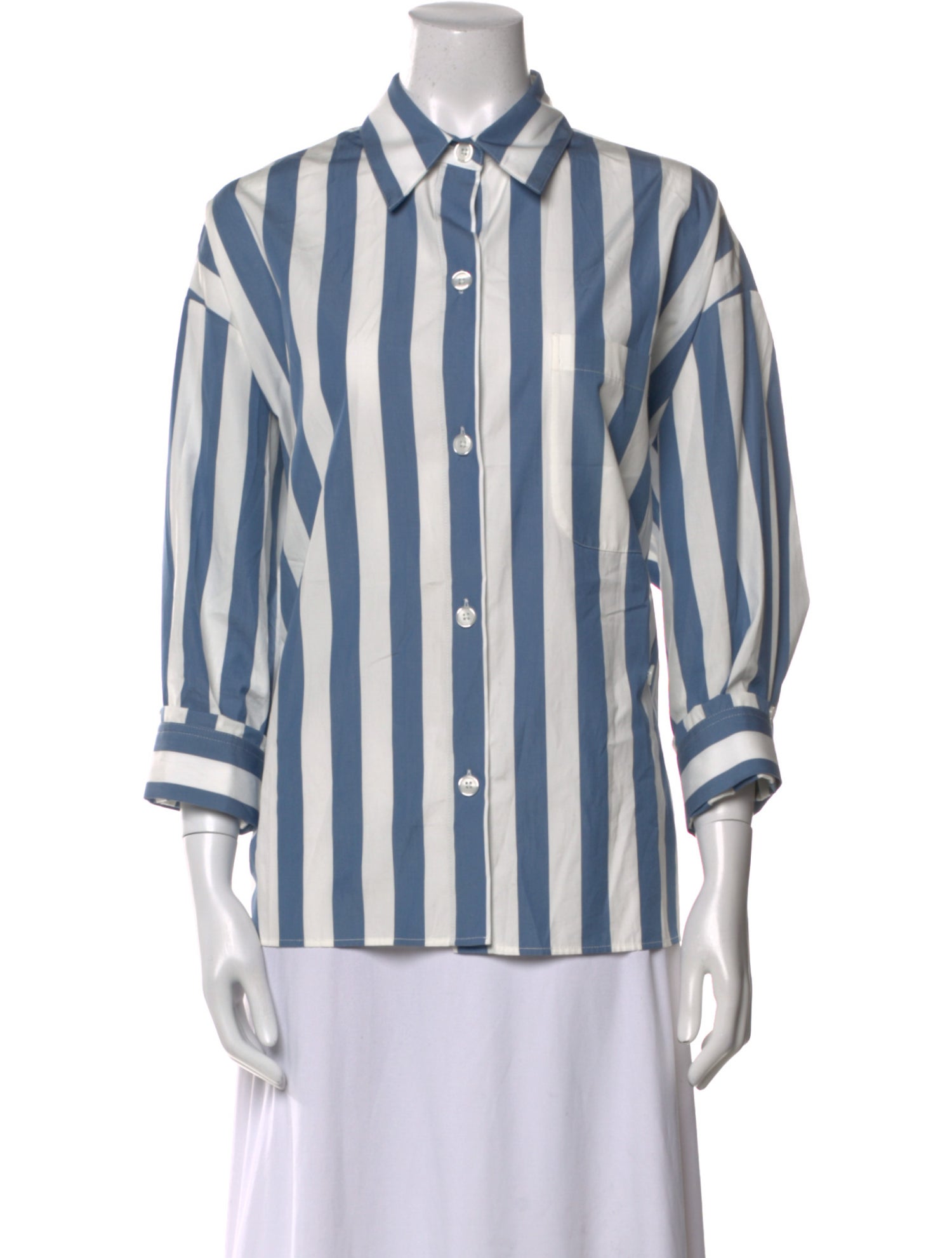 TWP Striped Three-Quarter Sleeve Button-Up Top