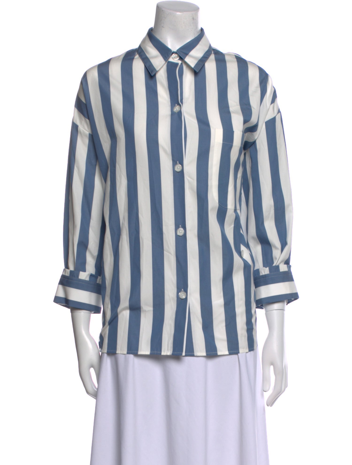 TWP Striped Three-Quarter Sleeve Button-Up Top